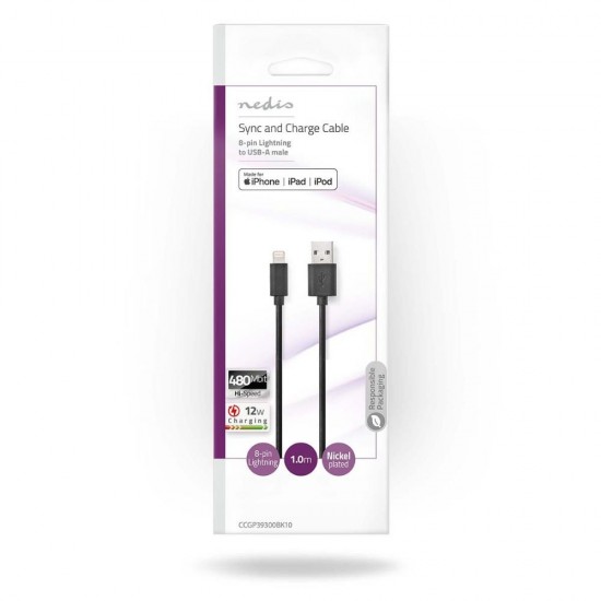 Nedis Regular USB to Lightning Cable Black 1m (CCGP39300BK10) (NEDCCGP39300BK10)