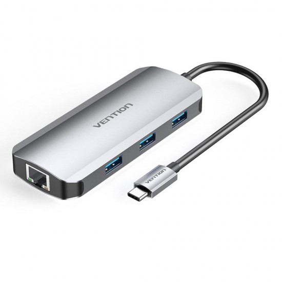 VENTION Type-C to HDMI/USB 3.0x3/RJ45/PD 100W Docking Station 0.15M Gray Aluminum Alloy Type (TOHHB) (VENTOHHB)