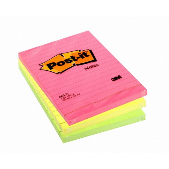 3M Αυτοκόλλητα Χαρτάκια Post-it Lined 102 x 152 mm (Διάφορα Neon Χρώματα) (100 Φύλλα) (660N)