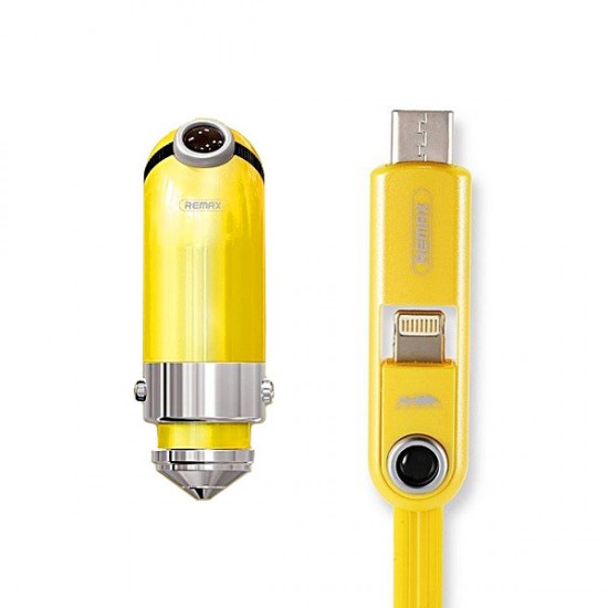 REMAX Car Charger Cutie RCC-211 - USB - 2,4A with 3 in 1 cable Micro USB, Lightning, Type C YELLOW