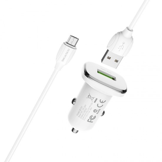 Borofone Car charger BZ12A Lasting Power - USB - QC 3.0 18W 3A with USB to Micro USB cable white