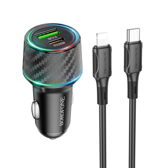 Borofone Car charger BZ21 Brilliant - USB + Type C - QC 3.0 PD 48W with Type C to Lightning cable black