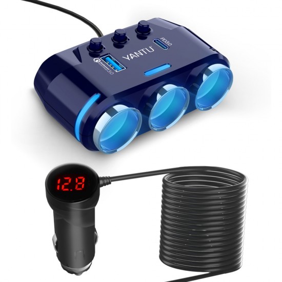 Car Cigarette Lighter Socket Splitter B39-C - 3 sockets + USB + Type C - QC 3.0 PD 3A 120W with display and cable